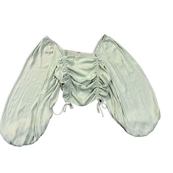 Free People laria Blouse Pleated Adjustable Drawstring Puff Sleeve bright Mint g - Picture 11 of 15